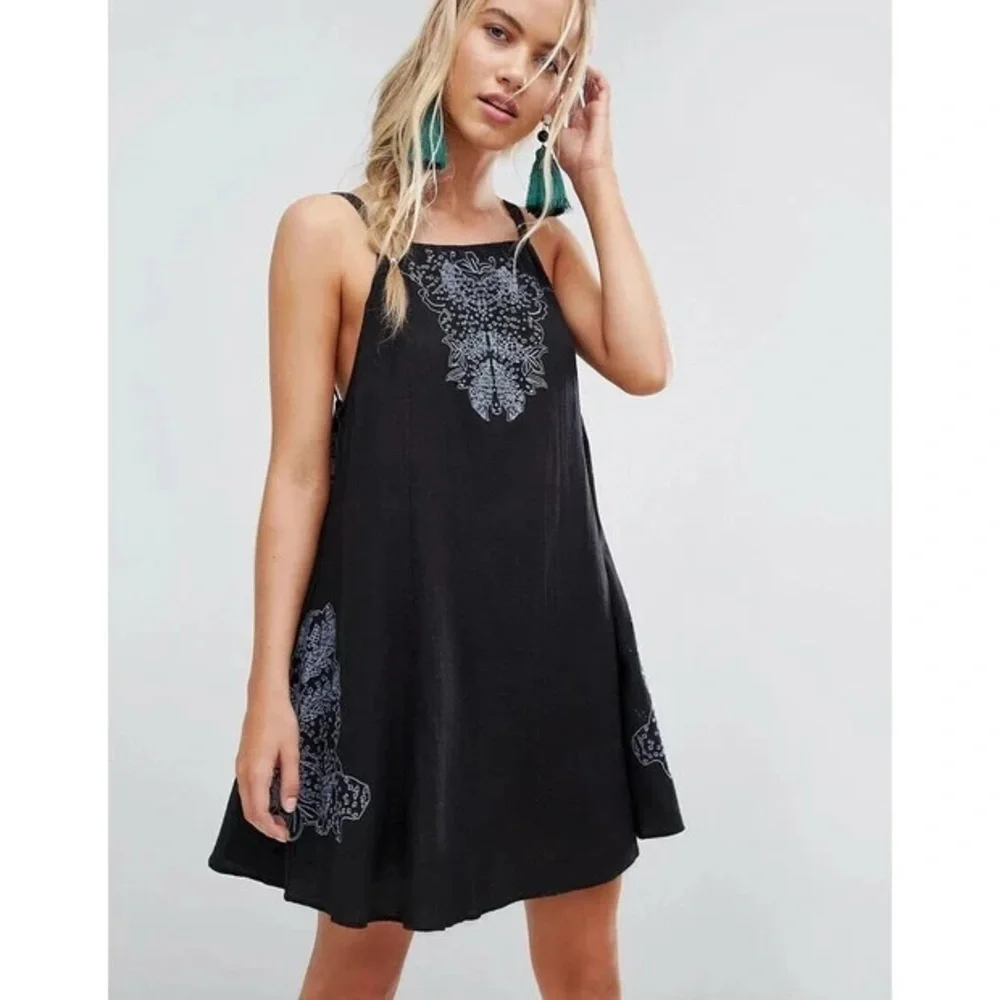 FREE PEOPLE Black Tulum Cutwork Slip Mini Dress Embroidered Sleeveless
